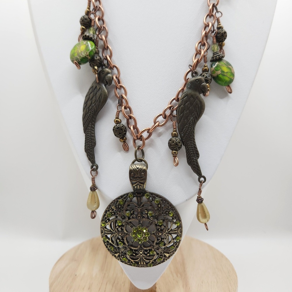 Boho Artisan Necklace Green Gemstones Copper Parrot Tribal Filigree Pendant